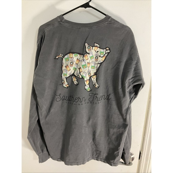 Southern Thread Tops - Southern Trend Shirt Womens Large Pig Graphic Pumpkin Spice Gray Long Sleeve